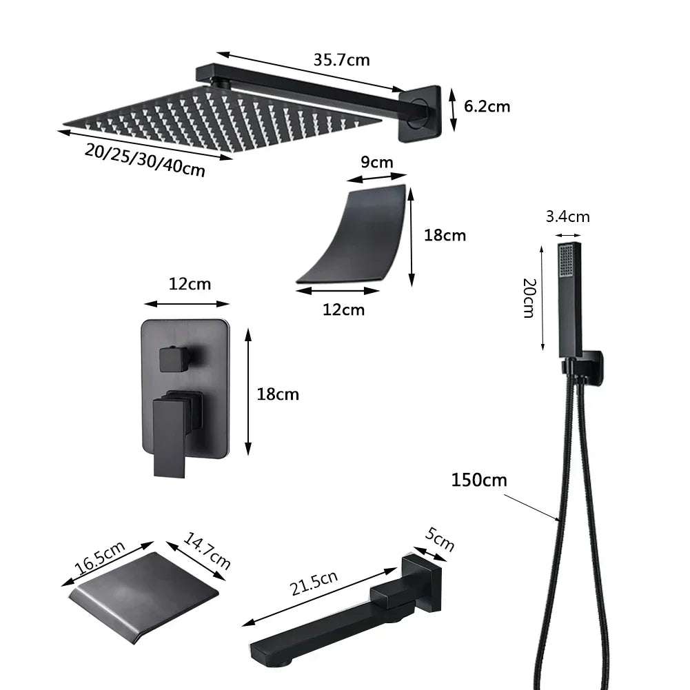 DecorBites™ Black Wall Mounted Rainfall Shower System with Tub Spout