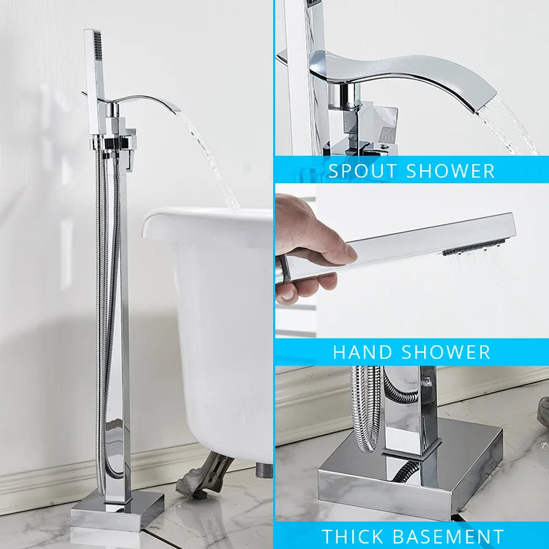 DecorBites™ Gold Bathtub Faucet Set Hot Cold Water Shower Mixer Tap Waterfall Floor Stand