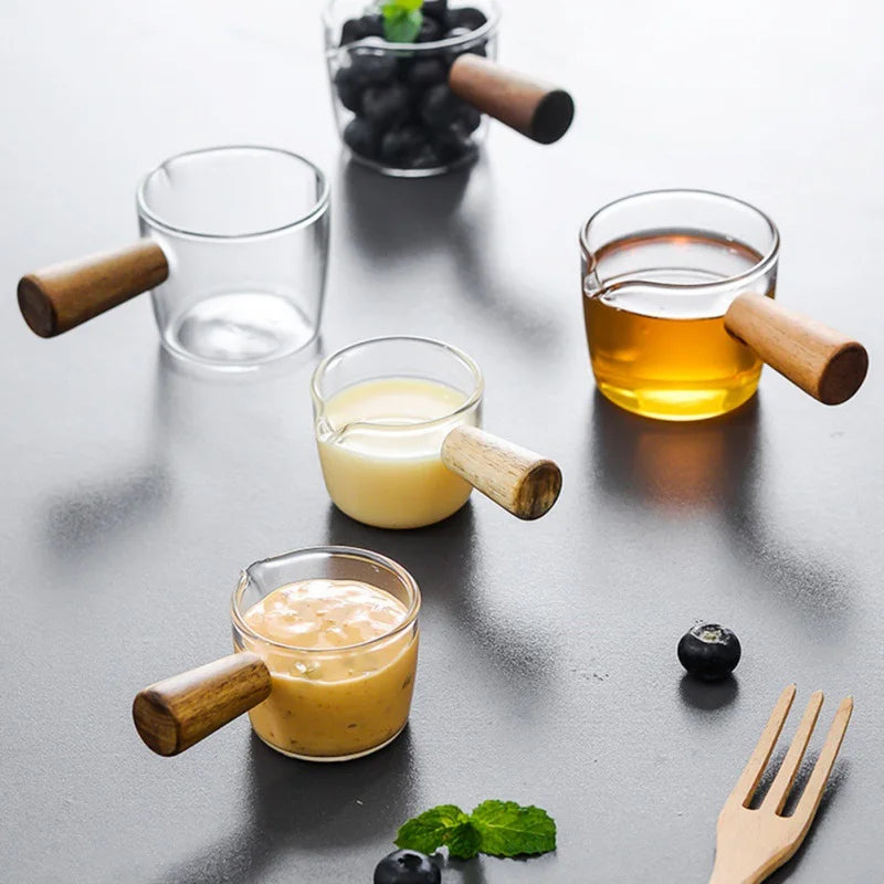 DecorBites™ Glass Espresso Measuring Cup with Wood Handle, Milk Jug for Coffee & Sauce