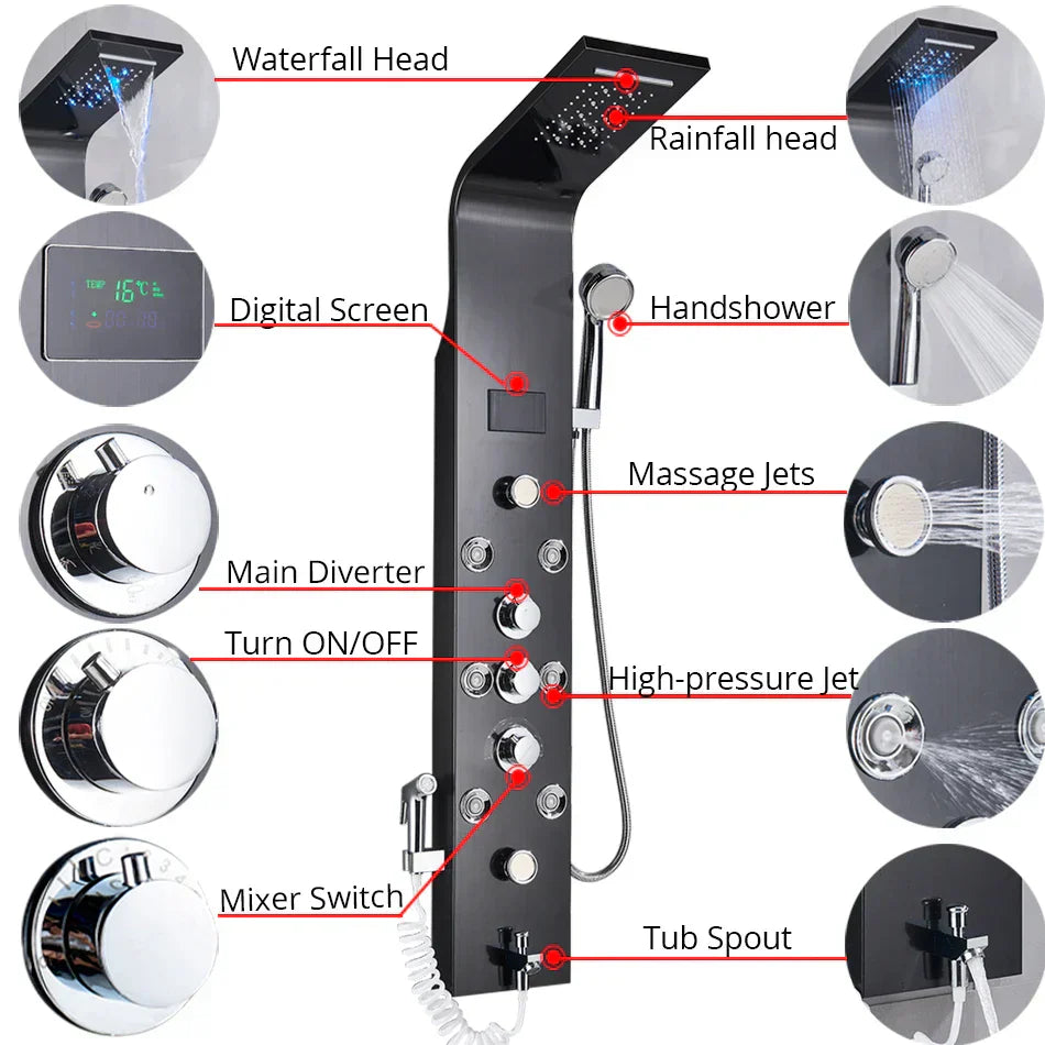 DecorBites™ LED Rainfall Shower Panel System with Temperature Screen