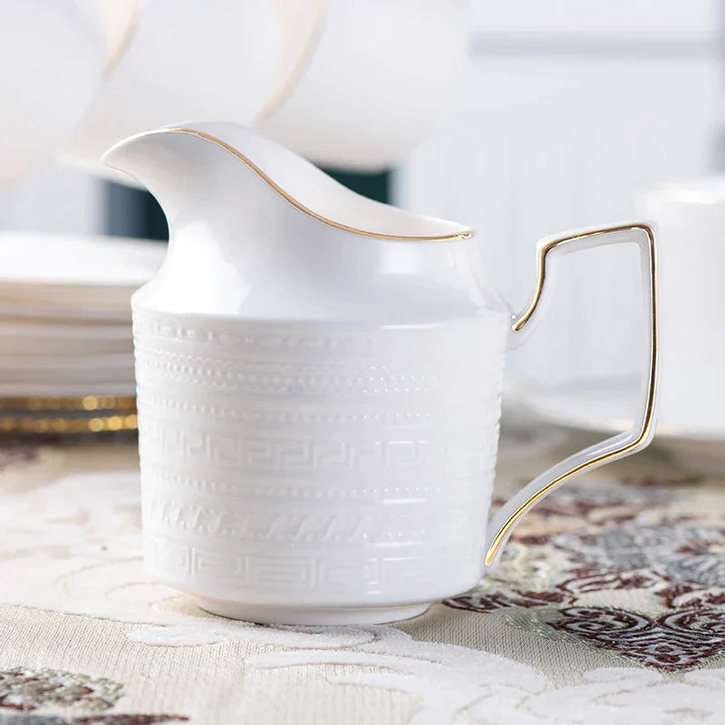 DecorBites™ Bone China White Tea Set: Coffee Cup, Saucer, Milk Jar, Sugar Bowl, British Teaware