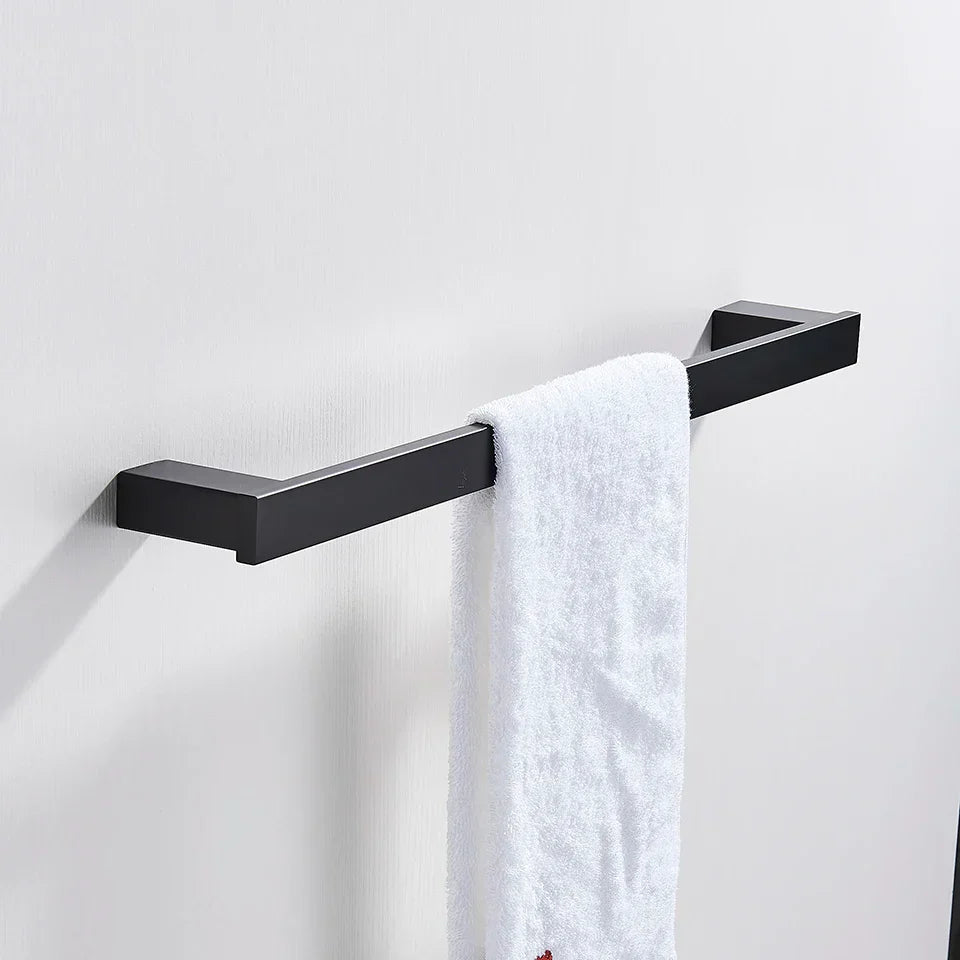 DecorBites™ Black Bathroom Hardware Set: Robe Hook, Towel Rail, Rack, Shelf, Tissue Holder & More