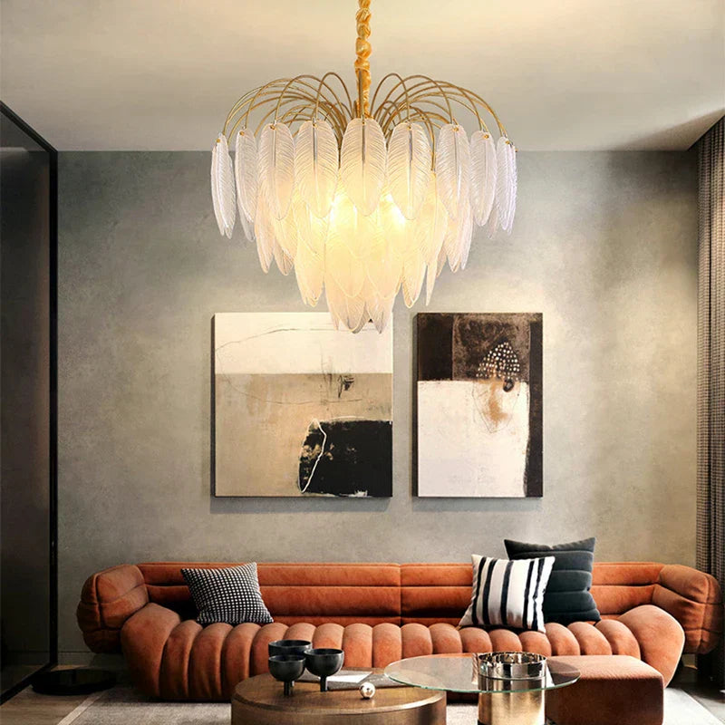 DecorBites™ Art Deco White Glass Feather Chandelier with LED Lighting for Foyer & Bedroom