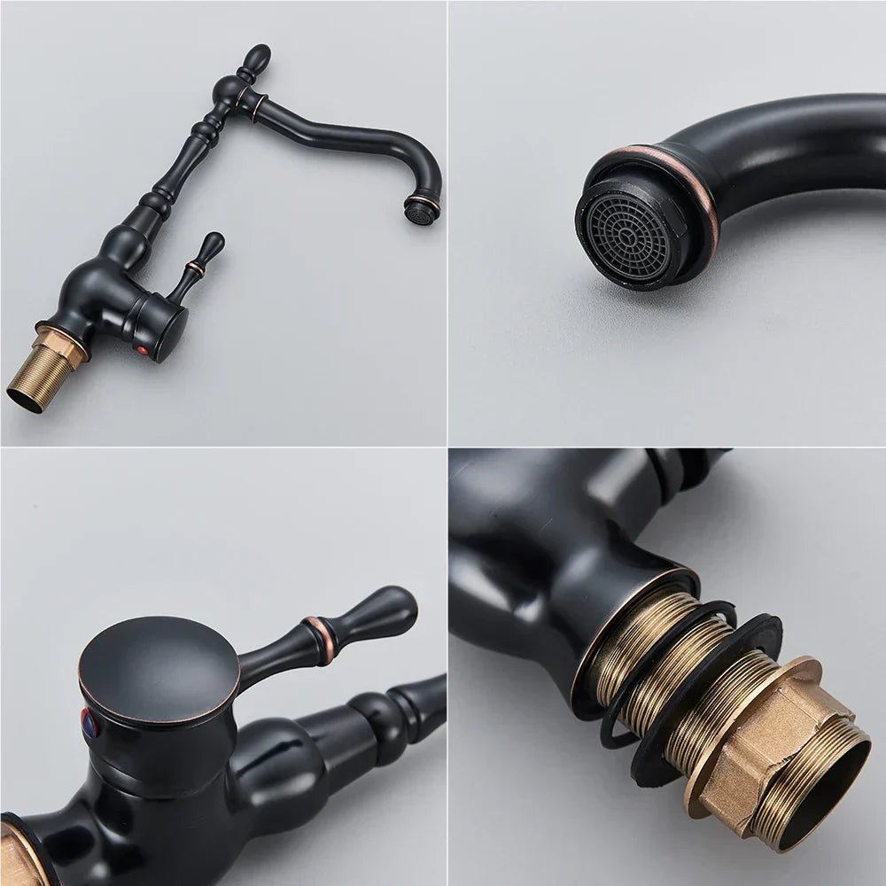 DecorBites™ Black Brass Faucet Single Handle 360 Rotate Basin Mixer Taps