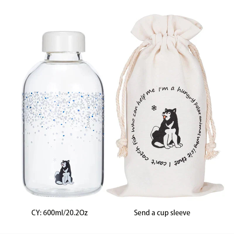 DecorBites™ Animal Glass Water Bottle with Sleeve | Cute Kawaii Design for Outdoor Activities