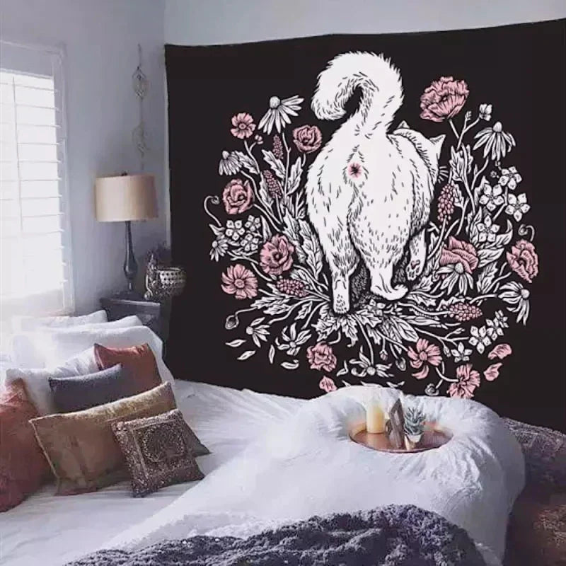 DecorBites™ Cat Witchcraft Black Rose Tapestry Wall Hanging Tapestries for Home Decor