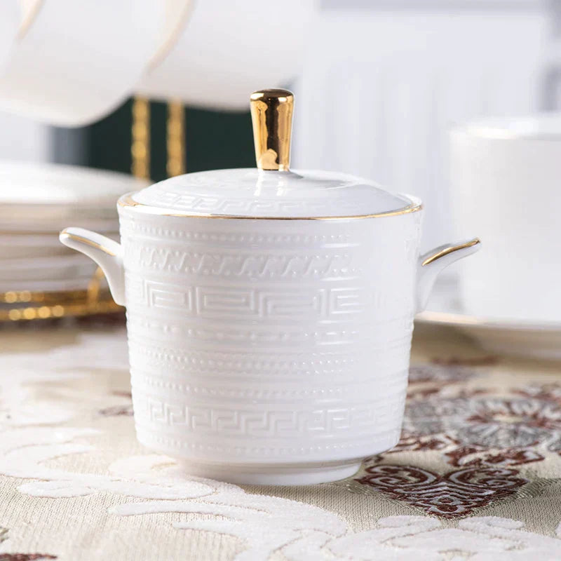 DecorBites™ Bone China White Tea Set: Coffee Cup, Saucer, Milk Jar, Sugar Bowl, British Teaware