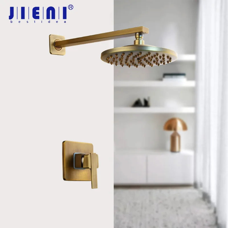 DecorBites™ Antique Brass Round Wall Mounted Rainfall Shower Faucet Set with 2 Handles