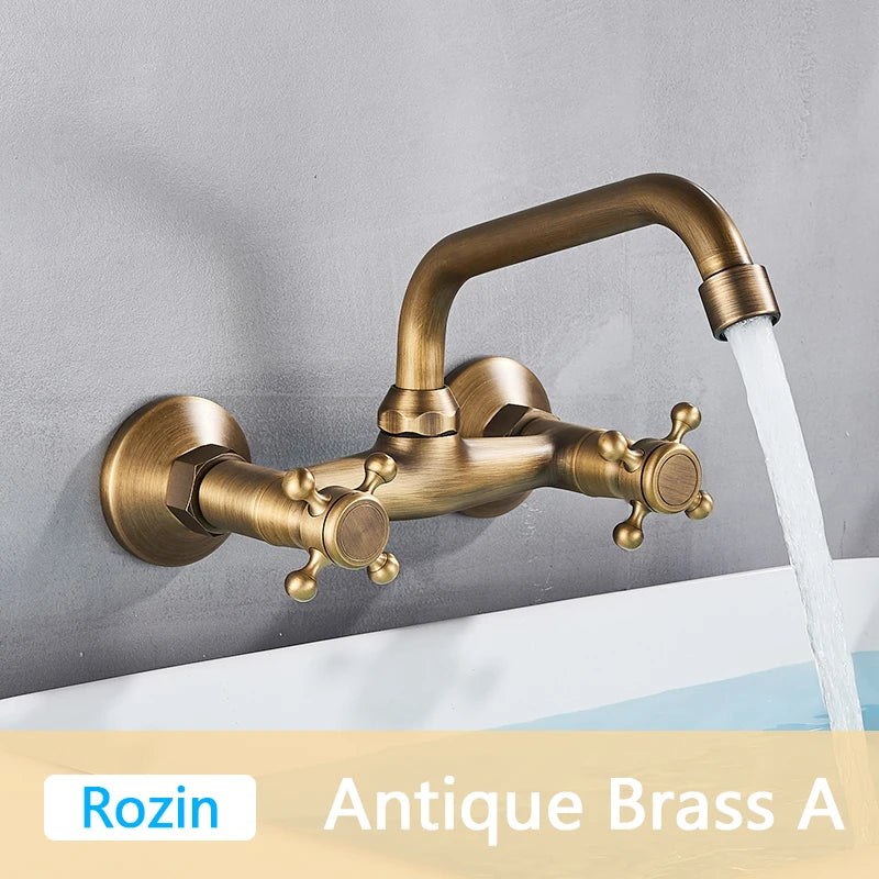 DecorBites™ Antique Brass Basin Faucet Wall Mounted Dual Handles Swivel Spout Mixer Tap