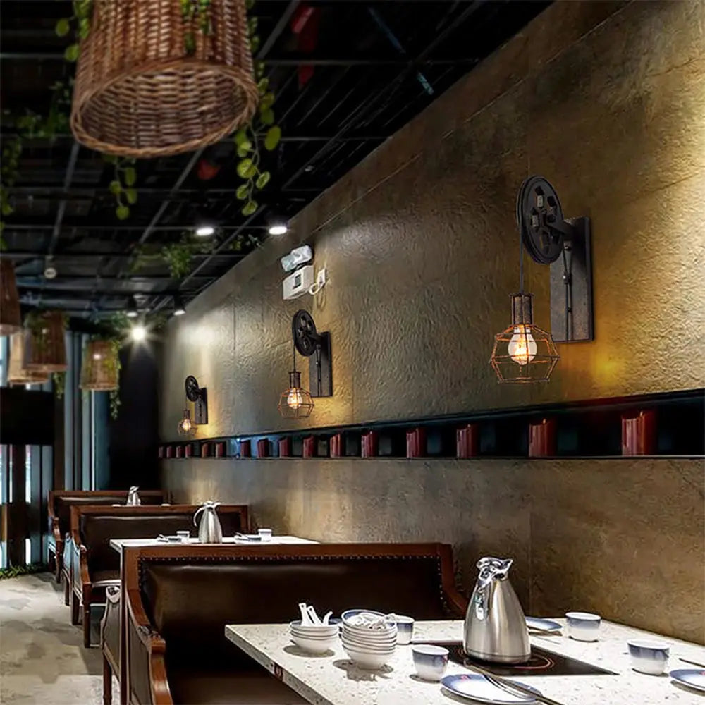 DecorBites™ Industrial Pulley Wall Lamp Adjustable Sconce Light Fixture Loft Cafe Bar