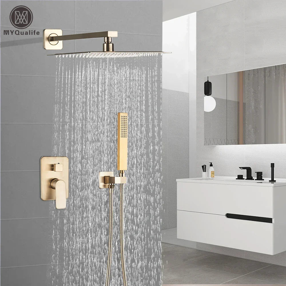 DecorBites™ Brushed Gold Shower Mixer: Wall Mount Rainfall Head, Hand Shower, Rotate Tub Spout