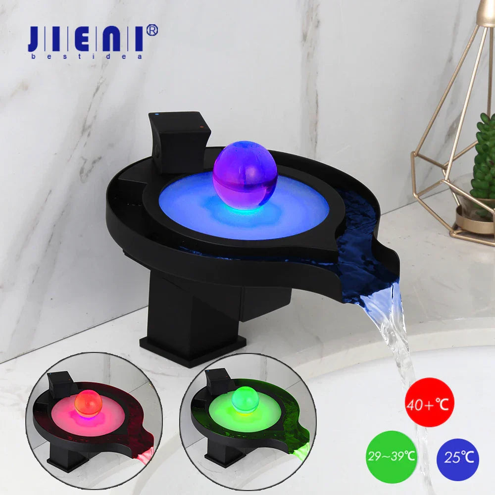 DecorBites™ Brass LED Waterfall Basin Faucet, Chrome/Black Mixer for Bathroom Sink