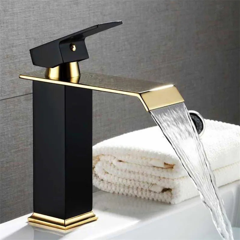 DecorBites™ Gold Black Waterfall Basin Faucet Mixer Tap Hot Cold Sink Brass Bathroom