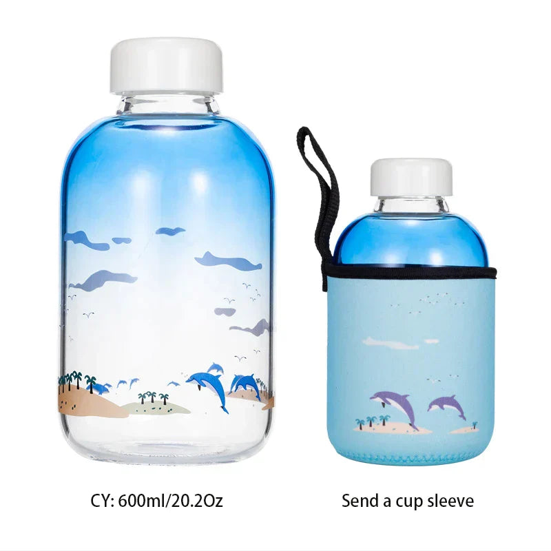 DecorBites™ Animal Glass Water Bottle with Sleeve | Cute Kawaii Design for Outdoor Activities