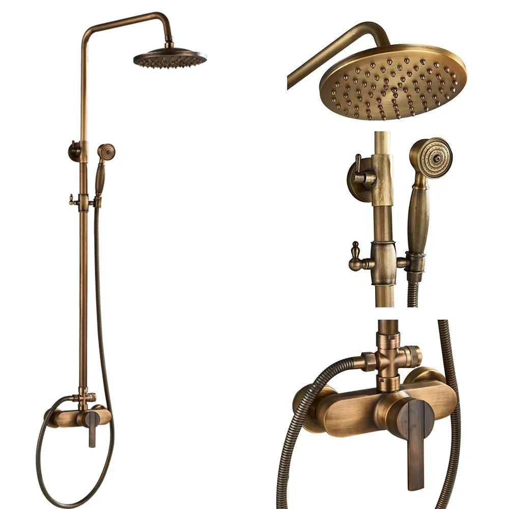 DecorBites™ Brass Shower Faucet Mixer Set with 8" Rainfall Head, Storage Shelf, and Hooks