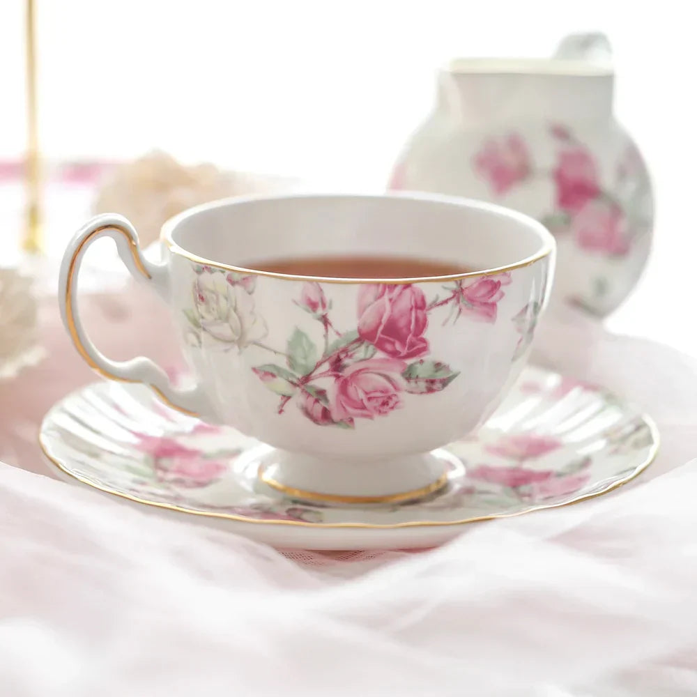 DecorBites™ Bone China Tea Cup Set, Flowers Teacup & Snack Dish for Office Drinkware