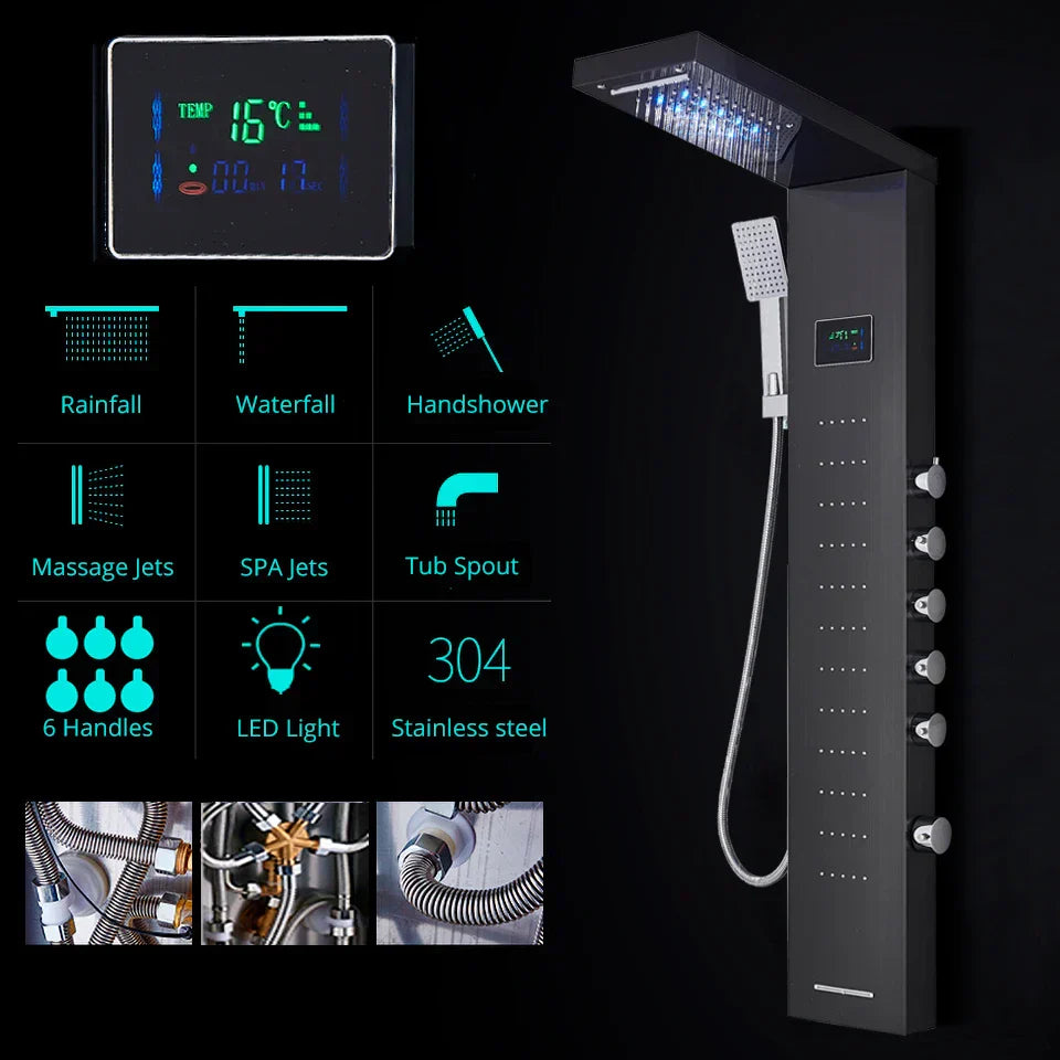 DecorBites™ LED Rainfall Shower Panel Set with Temperature Screen and Hand Sprayer