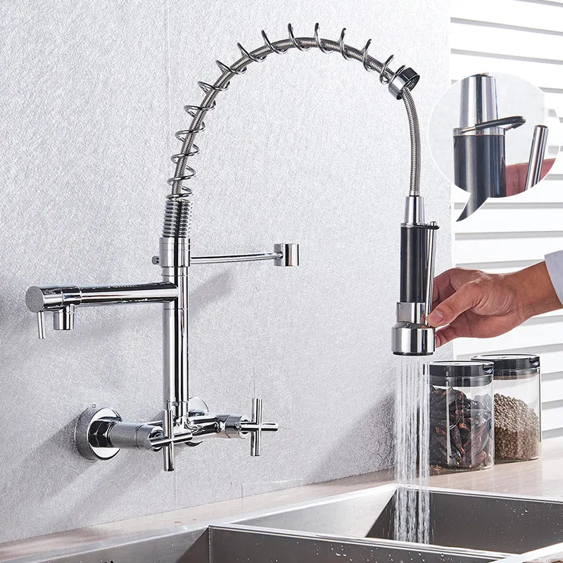 DecorBites™ Black Kitchen Faucet Wall Mounted Dual Swivel Spouts Vessel Sink Mixer Tap