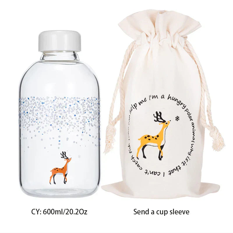 DecorBites™ Blue Glass Water Bottle 600ml Cute Polar Bear Seal Design Waterbottle