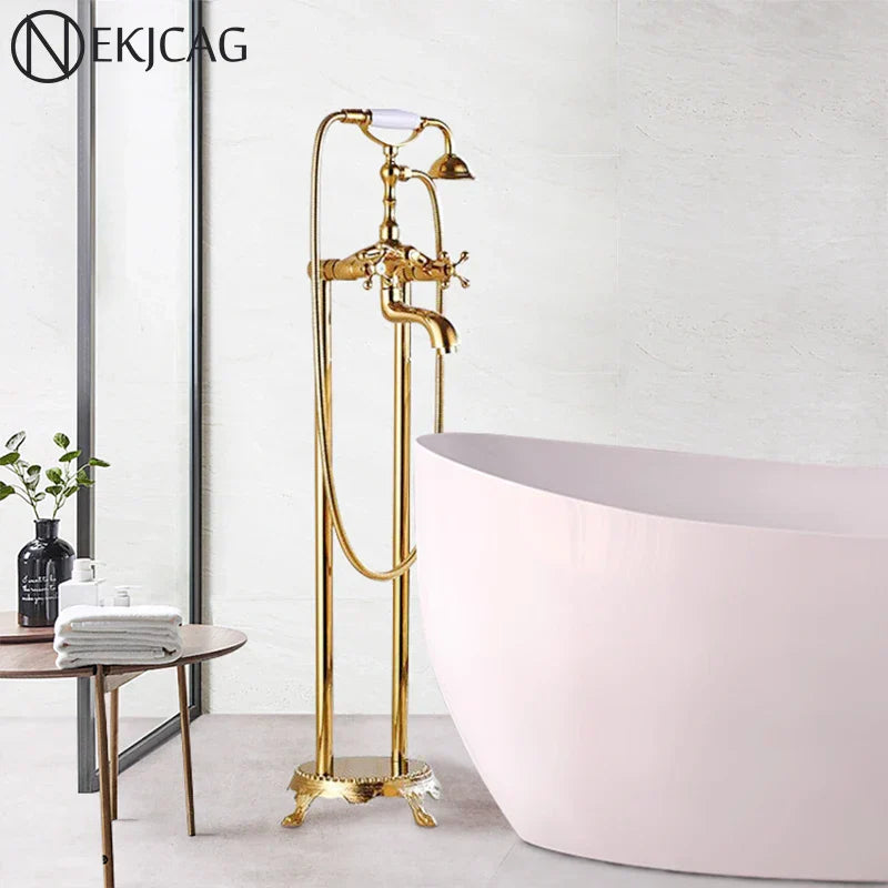 DecorBites™ Dual Handle Clawfoot Bathtub Shower Faucet, Golden Polished Free Standing Mixer