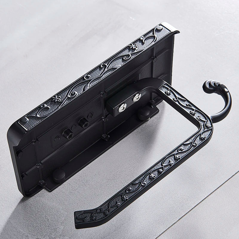 DecorBites™ Black Toilet Paper Holder with Phone Rack: Wall-Mounted Aluminum Bathroom Storage