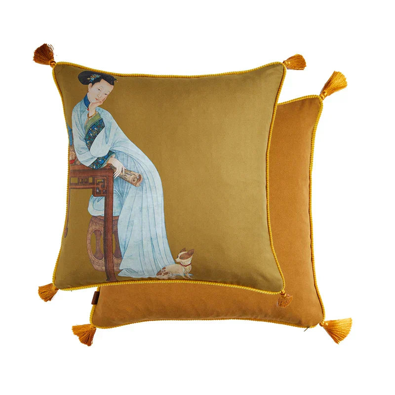 DecorBites™ Chinese Classical Women Print Cushion Cover with Tassels