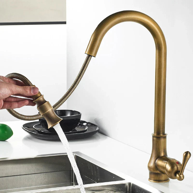 DecorBites™ Antique Brass Pull Out Kitchen Faucet with Stream Sprayer Head