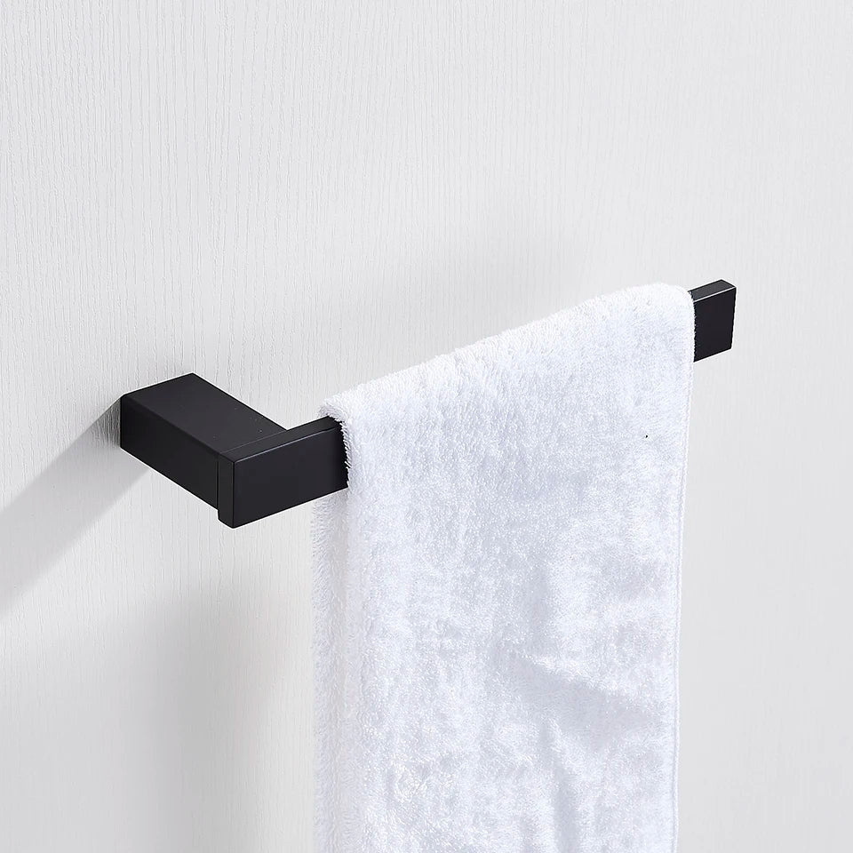 DecorBites™ Black Bathroom Hardware Set: Robe Hook, Towel Rail, Rack, Shelf, Tissue Holder & More