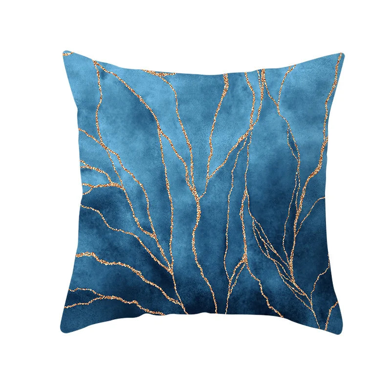 DecorBites™ Blue Ink Gold Edge Geometric Cushion Cover - Polyester Throw Pillow Case