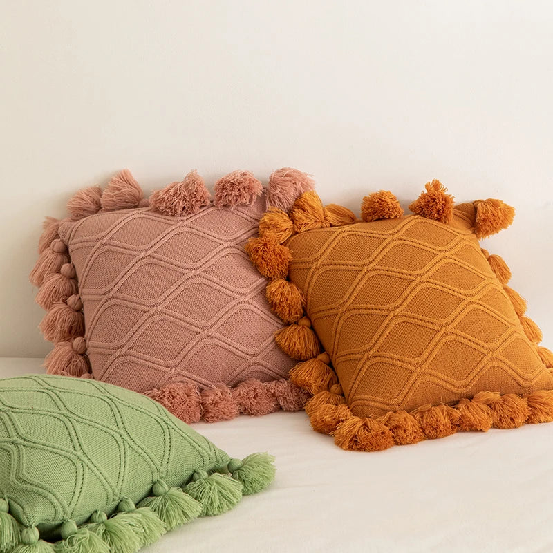 DecorBites™ Boho Style Ivory Green Pink Tassles 45x45cm Cushion Cover for Home Decoration