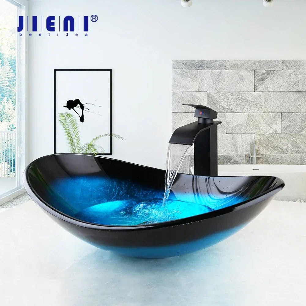 DecorBites™ Blue Tempered Glass Waterfall Basin Tap Set
