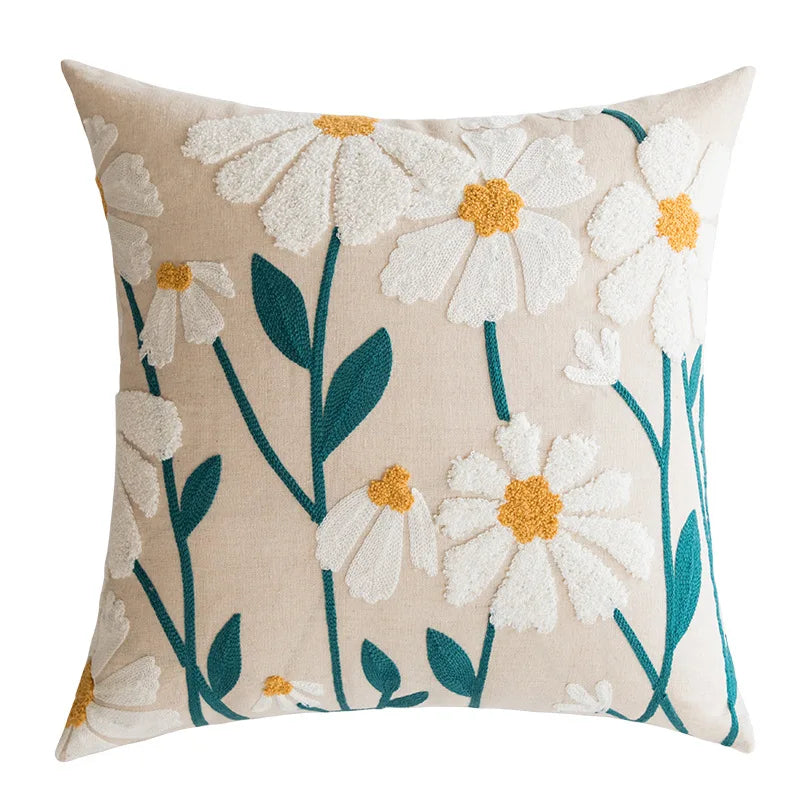 DecorBites™ Daisy Floral Geometric Embroidery Pillow Cover Yellow Blue 45x45cm Soft Cozy