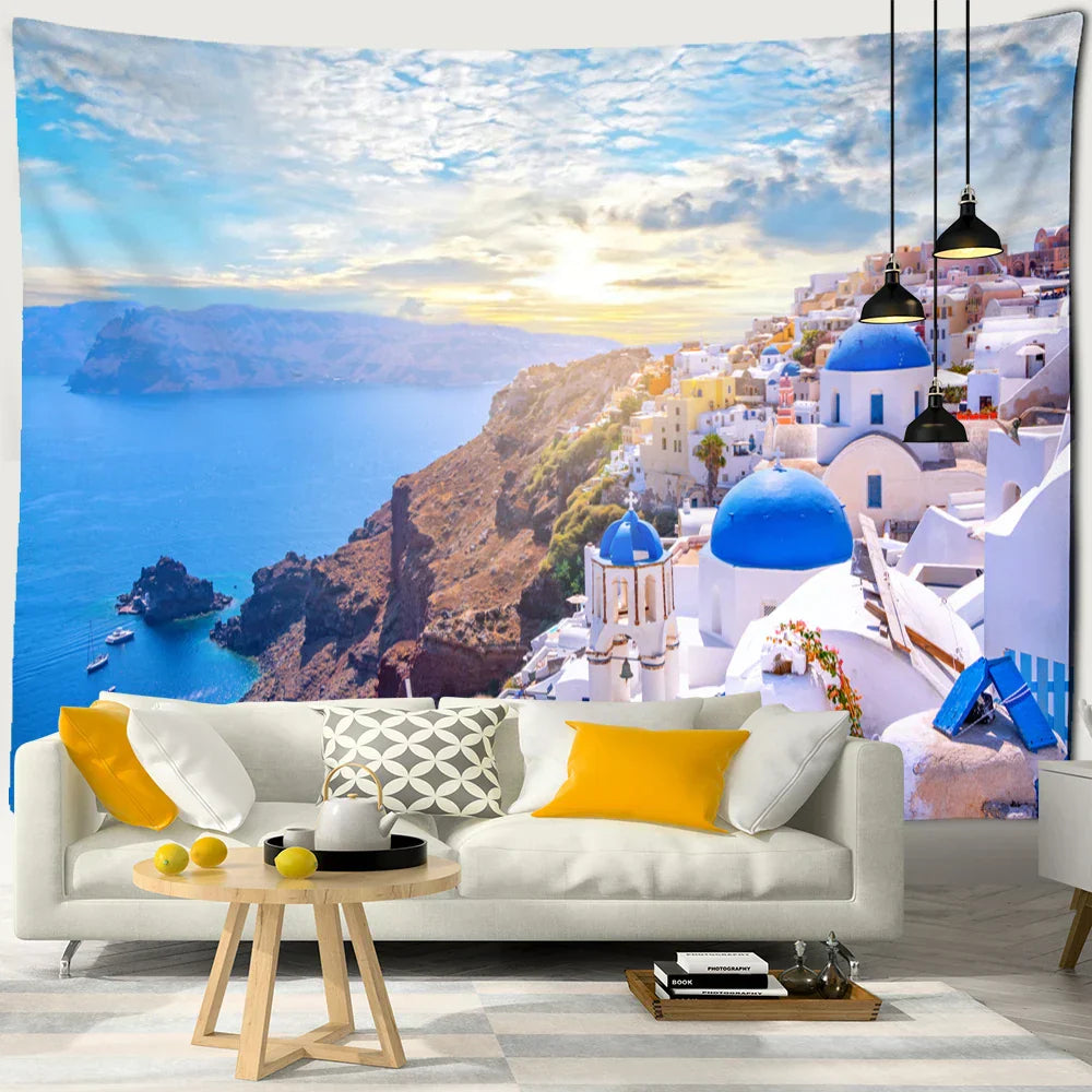 DecorBites™ Castle Village Sunset Tapestry Wall Hanging - Fantasy City Landscape Wall Art