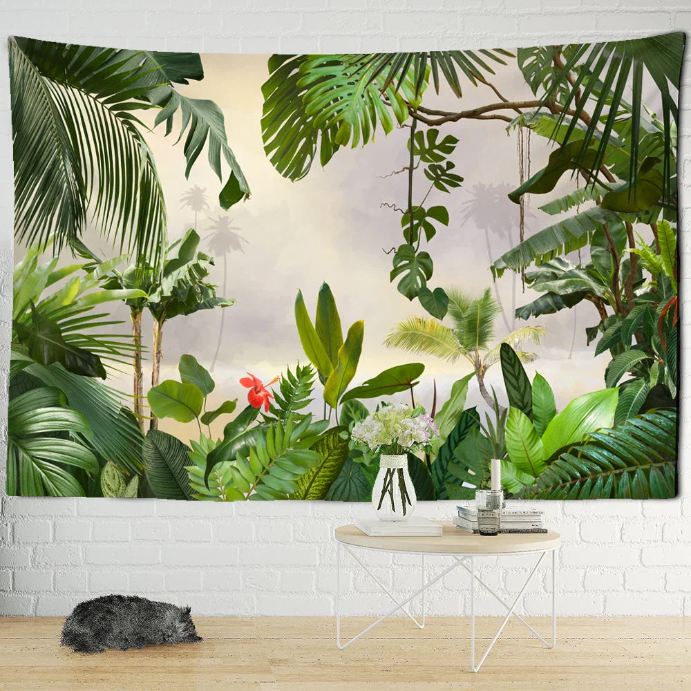 DecorBites™ Botanical Palm Leaf Green Tapestry | Tropical Rainforest Plant Wall Hanging