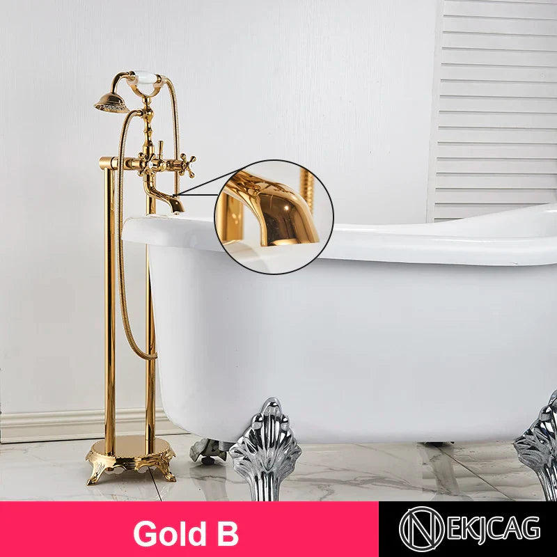 DecorBites™ Dual Handle Clawfoot Bathtub Shower Faucet, Golden Polished Free Standing Mixer