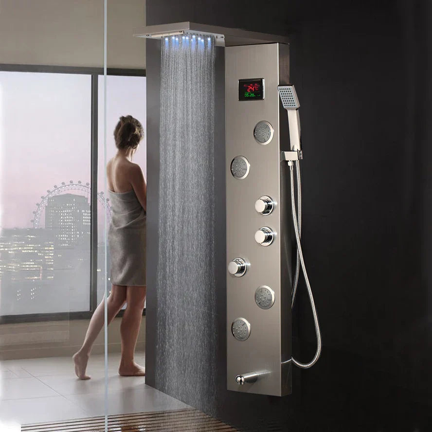 DecorBites™ Brushed Nickel Shower Panel with LED Display, Rainfall Head, Jets
