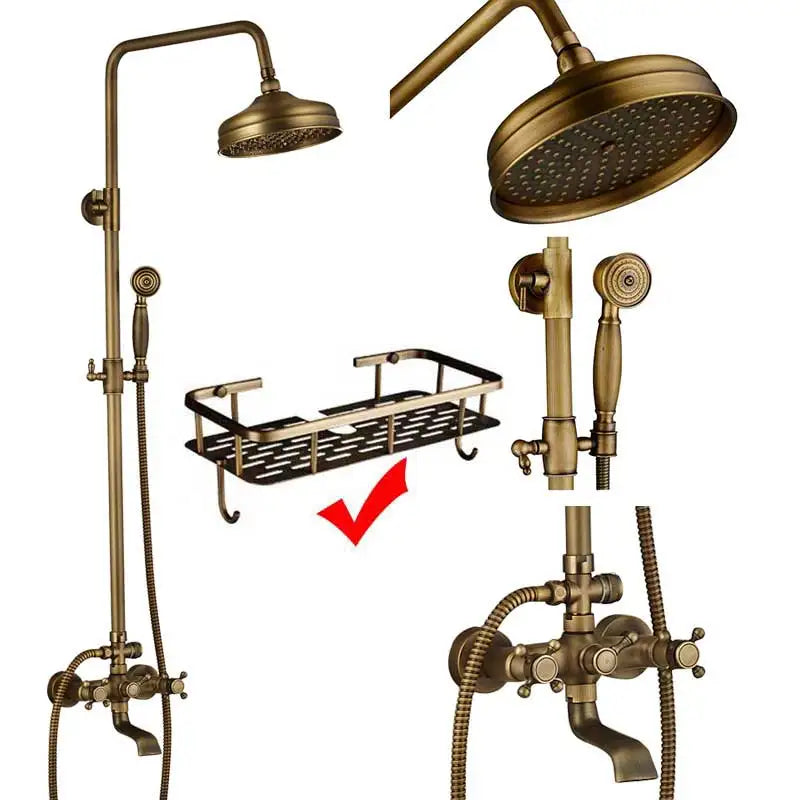 DecorBites™ Brass Antique Shower Faucet Set with Porcelain Ceramic Swivel Bath Spout
