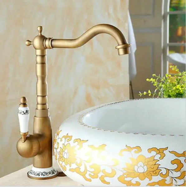 DecorBites™ Antique Brass Porcelain Basin Mixer Hot Cold Tap - 360 Degree Swivel Kitchen Faucet