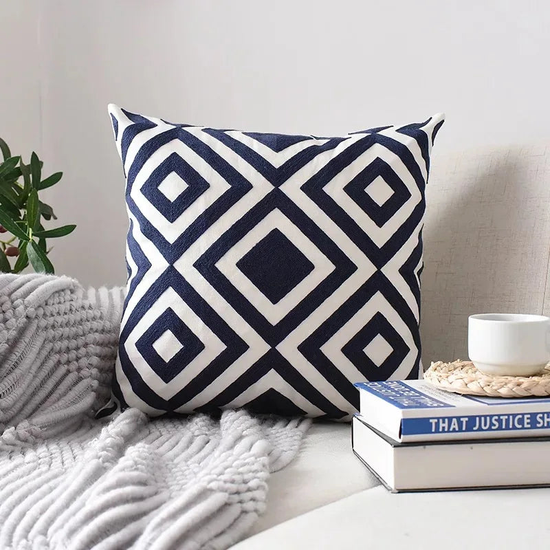 DecorBites™ Geometric Embroidered Cushion Cover Grey Black Blue Square Pillow 45x45cm