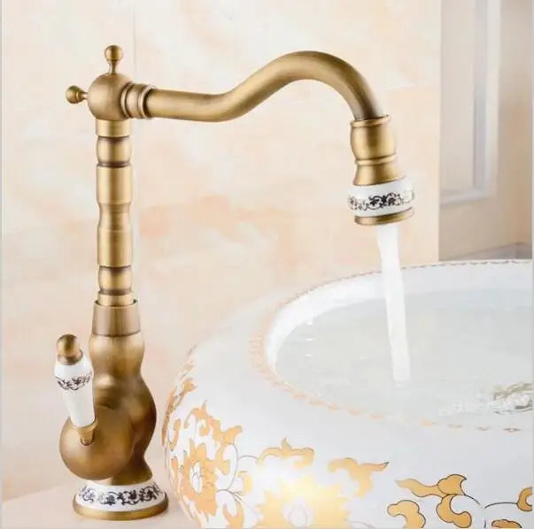 DecorBites™ Antique Brass Porcelain Basin Mixer Hot Cold Tap - 360 Degree Swivel Kitchen Faucet