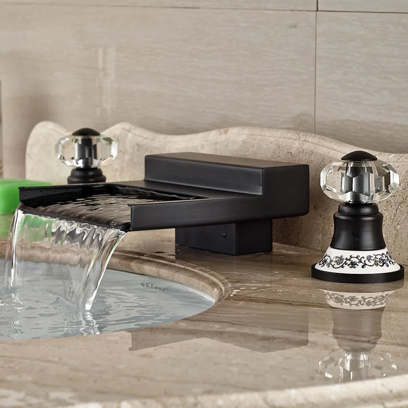 DecorBites™ Black Wide Waterfall Spout Faucet Double Handle Bathroom Mixer Taps