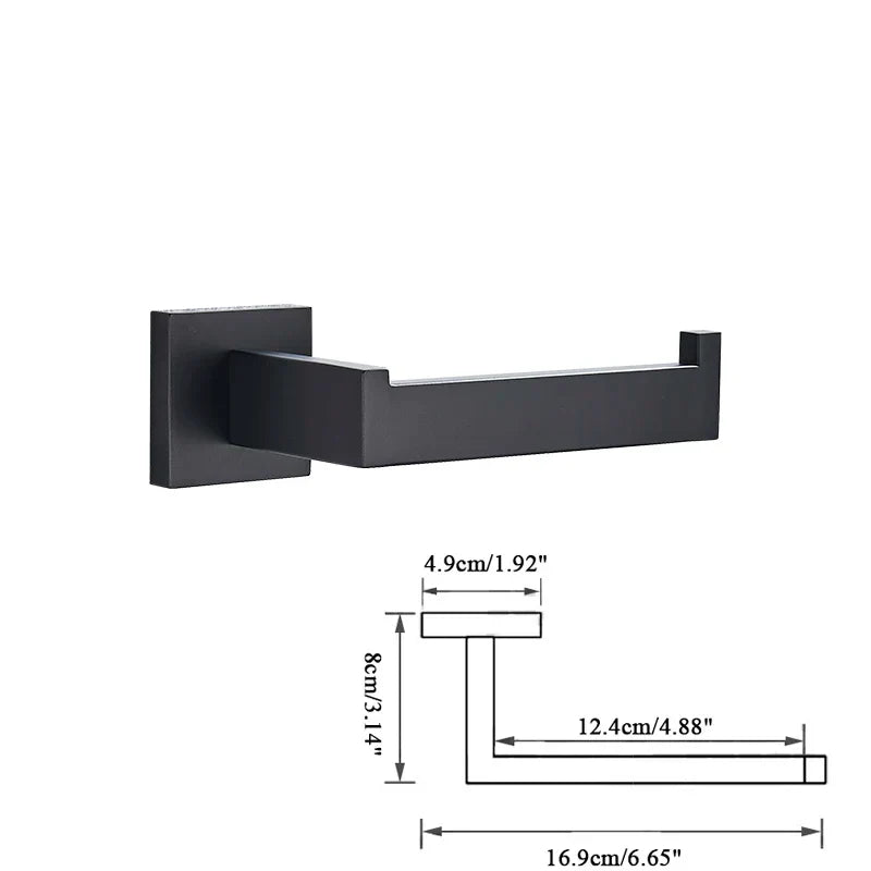 DecorBites™ Black Bathroom Accessories Set: Robe Hook, Towel Rail, Shelf, Paper Holder