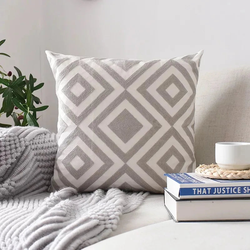 DecorBites™ Geometric Embroidered Cushion Cover Grey Black Blue Square Pillow 45x45cm