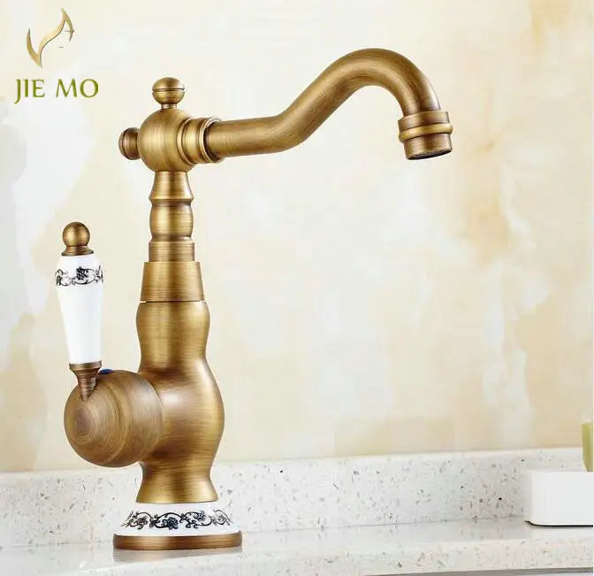DecorBites™ Antique Brass Porcelain Basin Mixer Hot Cold Tap - 360 Degree Swivel Kitchen Faucet