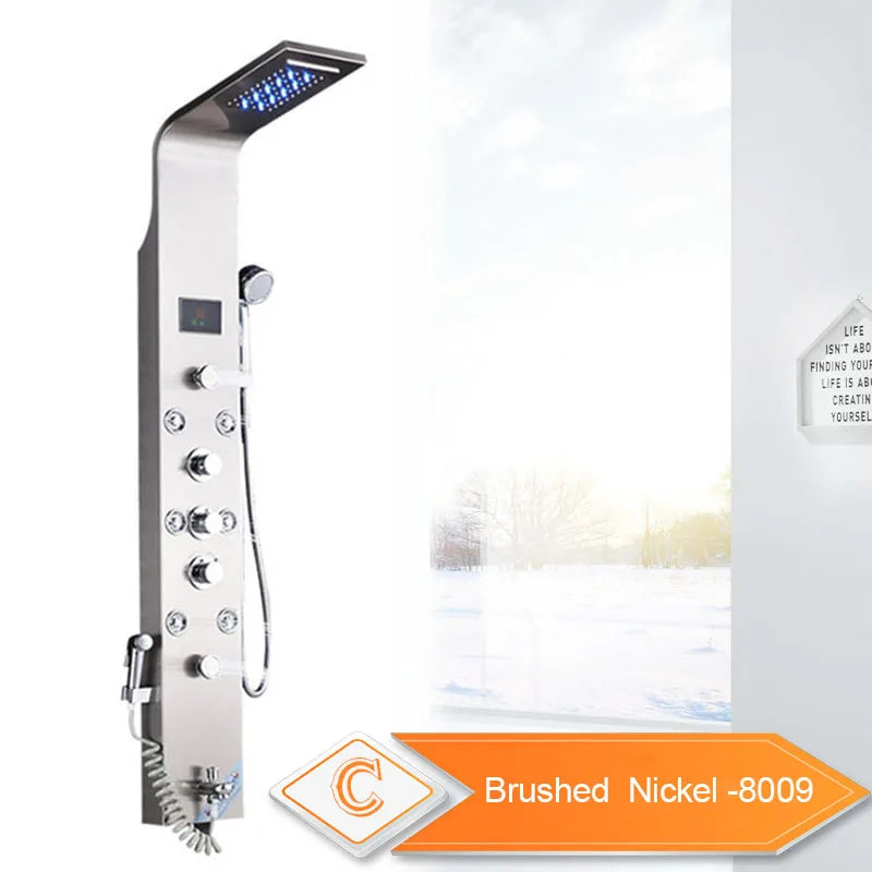 DecorBites™ Black LED Waterfall Rain Shower Panel with Massage Sprayer and Bidet Tap