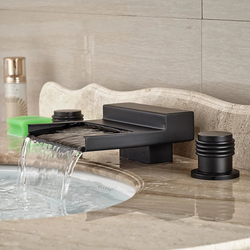 DecorBites™ Black Wide Waterfall Spout Faucet Double Handle Bathroom Mixer Taps