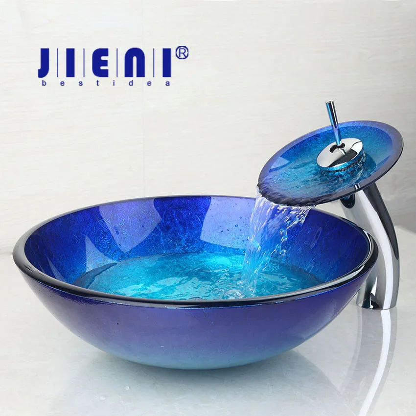 DecorBites™ Blue Chrome Tall Basin Tap with Hand-Painted Glass Waterfall Sink Set