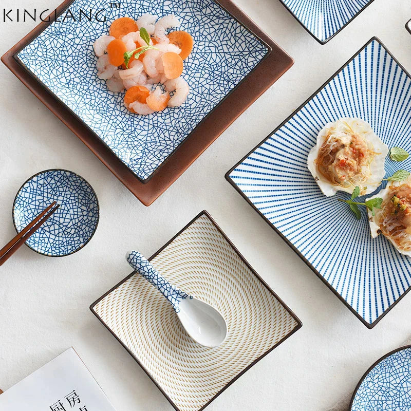 DecorBites™ Bone China Porcelain Square Dinner Plate - Blue and White Plant Design