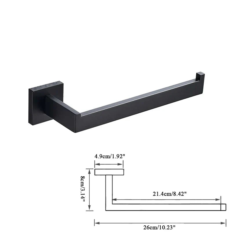 DecorBites™ Black Bathroom Accessories Set: Robe Hook, Towel Rail, Shelf, Paper Holder