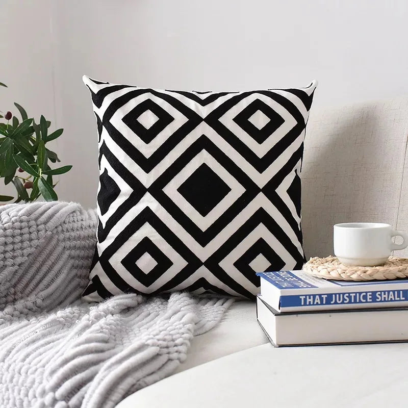 DecorBites™ Geometric Embroidered Cushion Cover Grey Black Blue Square Pillow 45x45cm
